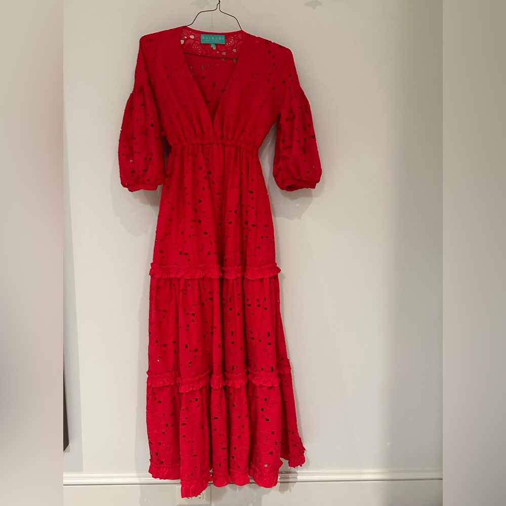 Waimari, red eyelet detail maxi dress, size xs